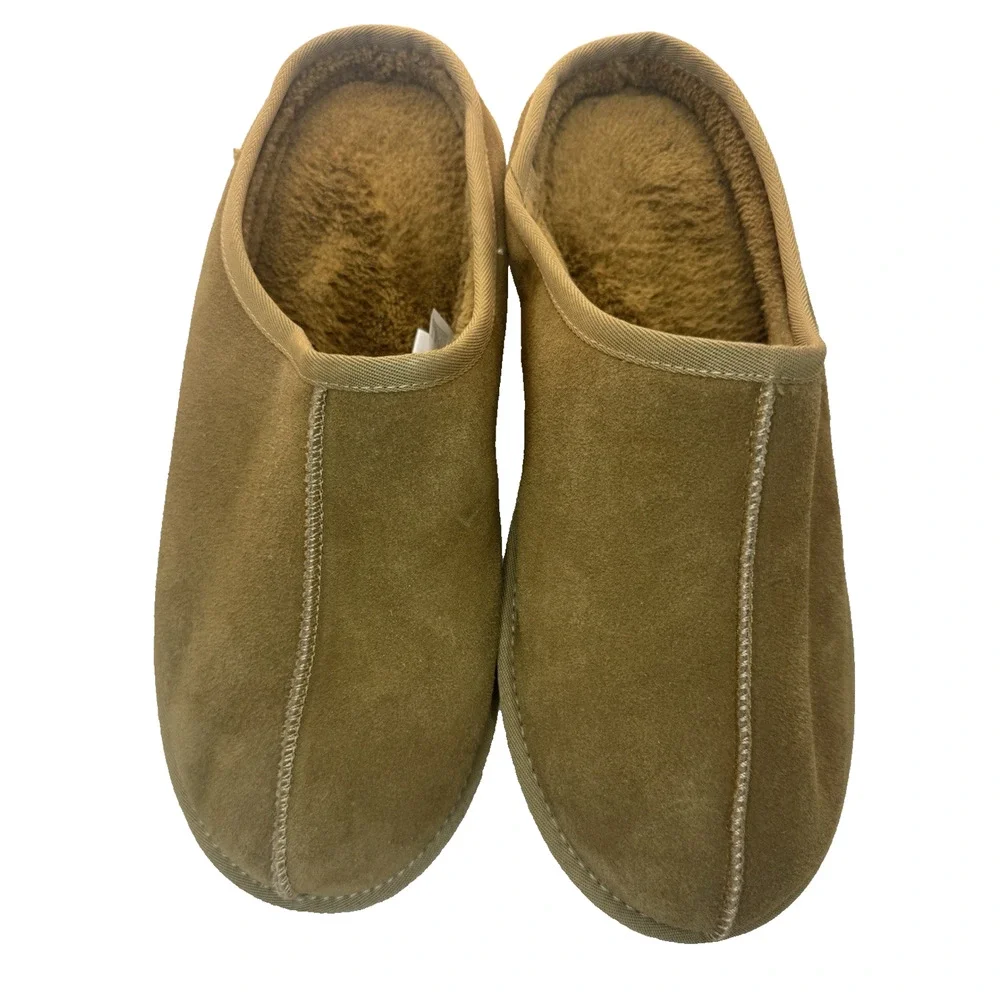 Mens Suede Leather Clog Slippers Chestnut Faux Fur Goodfellow & Co Cruz 13 M